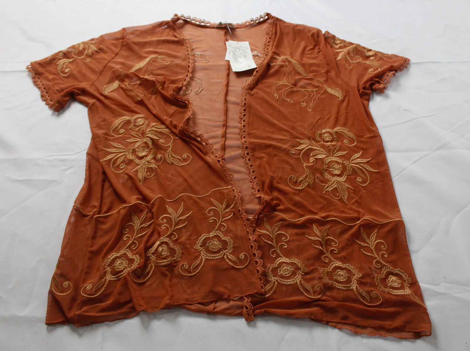 Cato Women’s Short Sleeve Open Front Mesh Cardigan AC2 Rodeo Pumpkin Large NWT