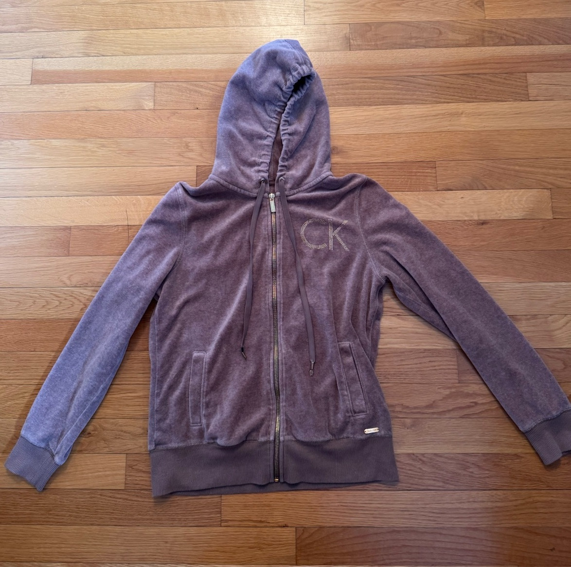 Calvin Klein Womens Velour Hoodie M Brown Rhinestone Logo Zip Up Jacket Soft