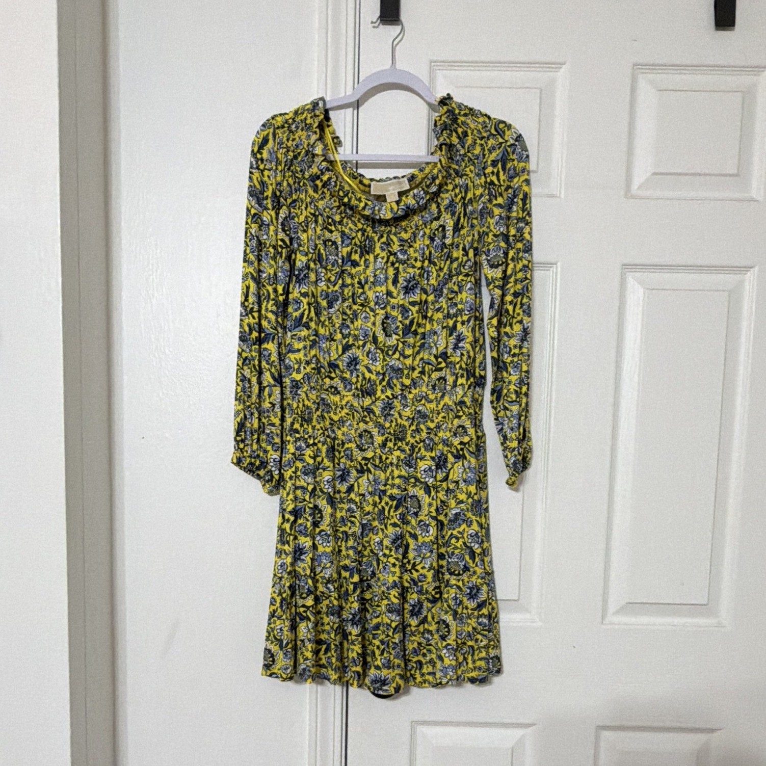 Michael Kors Women’s M Yellow Blue White Floral A-Line Long Sleeve Dress