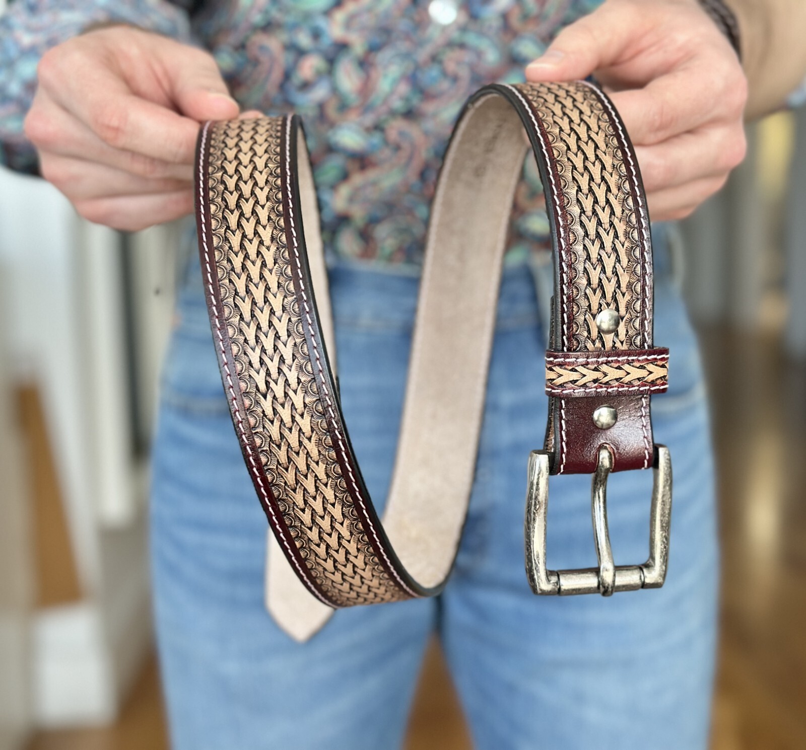 Men’s Belt Full Grain Leather Strap With Removable Buckle Western Belt 1.5″ Wide