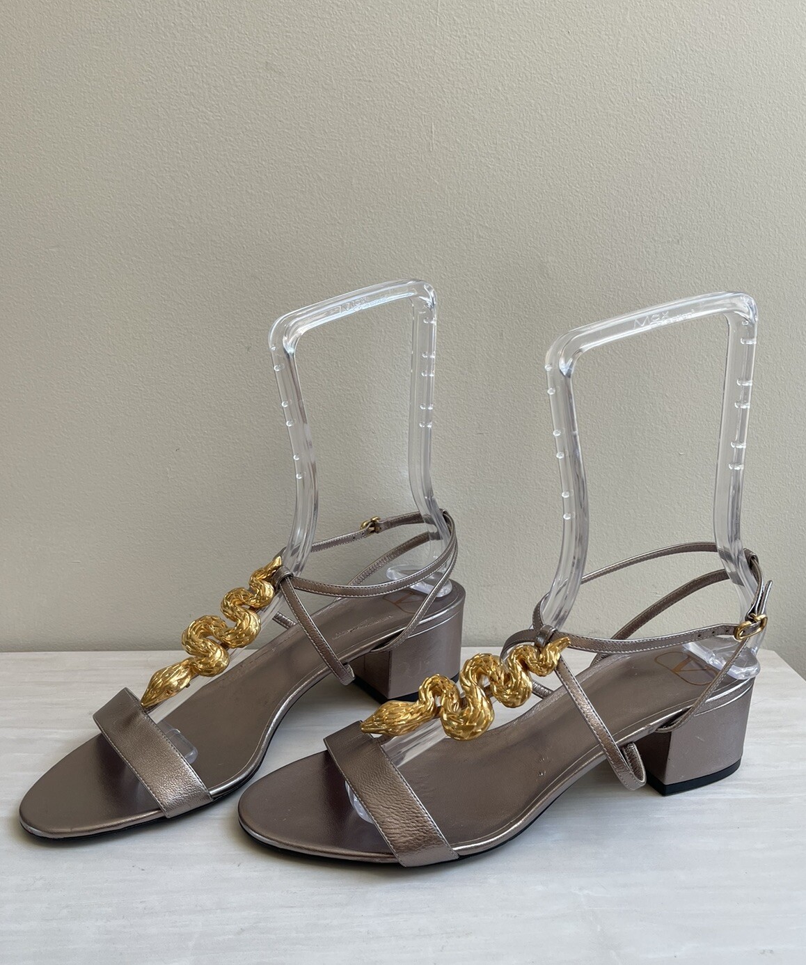 Valentino Garavani Silver Leather Snake Serpent Block Heel Sandals, Bronze, 40