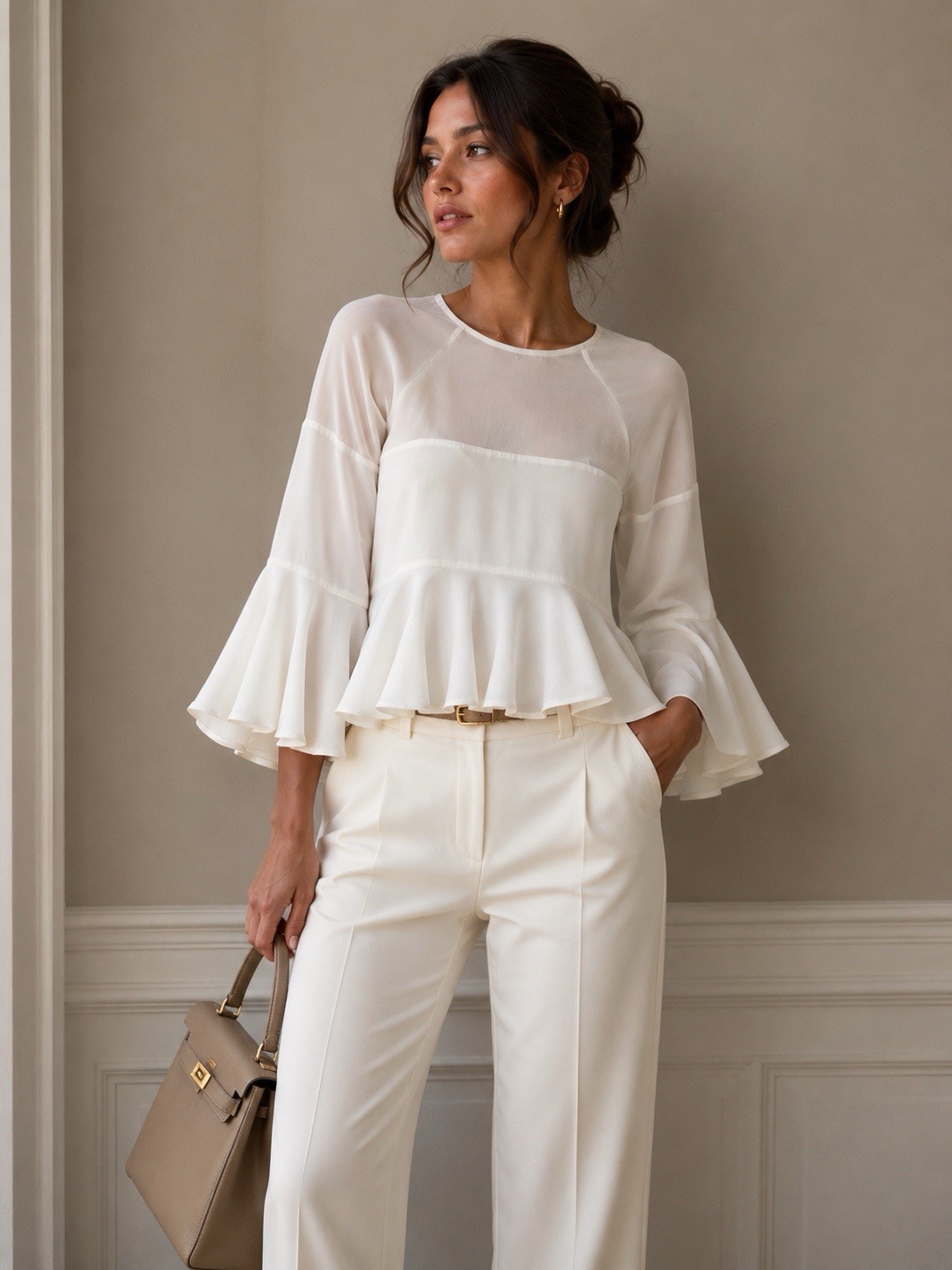 Alexis Albania‎ Blouse Cream Casual Ruffle-Hem Blouse size S