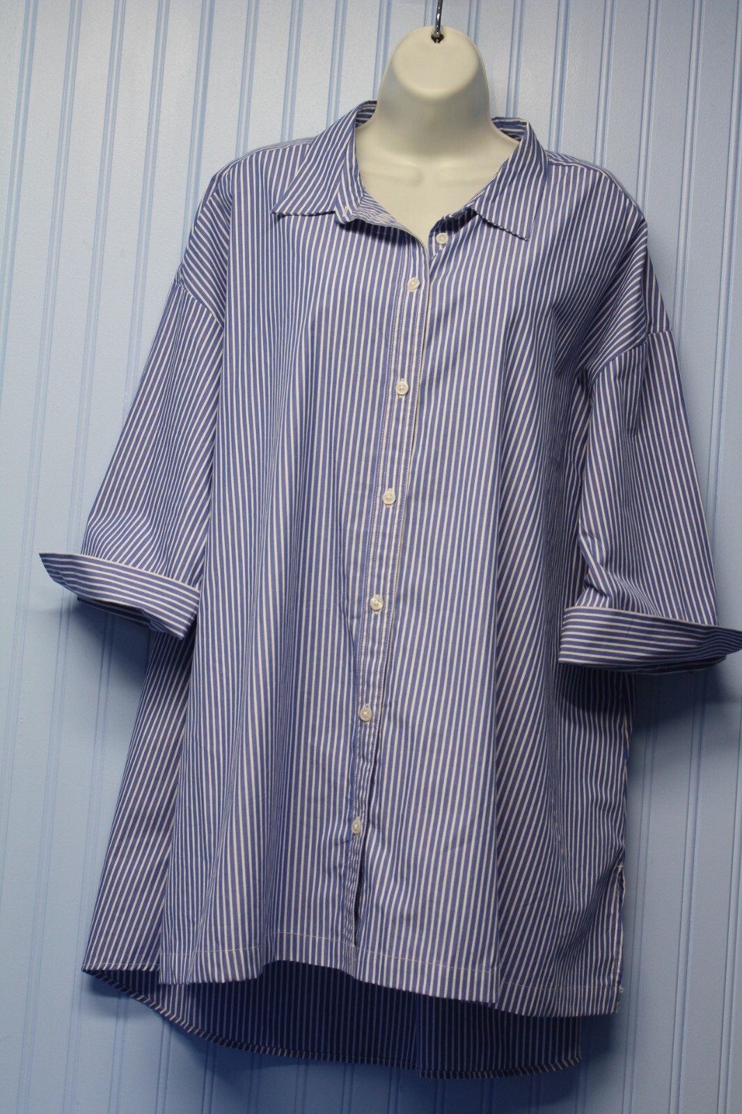 Primark 100% cotton blue striped 3/4 sleeve button front shirt 16 NWT