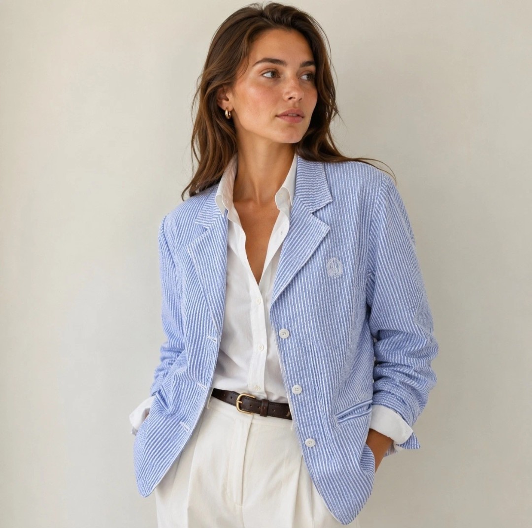 Blue White Stripe Seersucker Blazer Cotton Jacket preppy and Crisp L