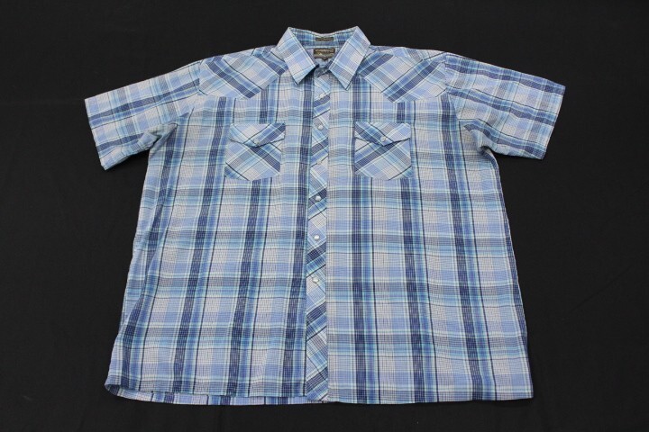 Plainsman Snap Western Shirt Men’s 2XL Big Blue Plaid Square Tail Cowboy