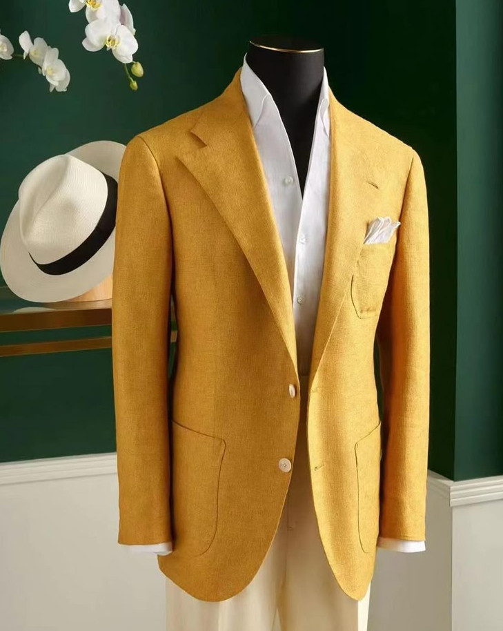 Linen 2 Pieces Men’s Suits Yellow Summer Wedding Party Blazer Business Jacket