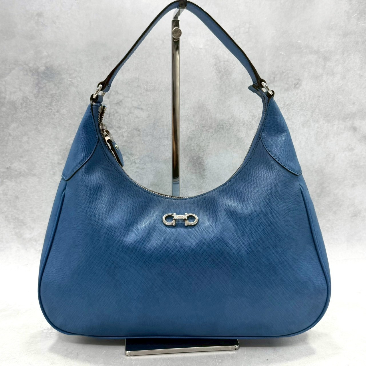 Salvatore Ferragamo Blue Saffiano Leather Hobo Shoulder Bag Gancini Italy Women
