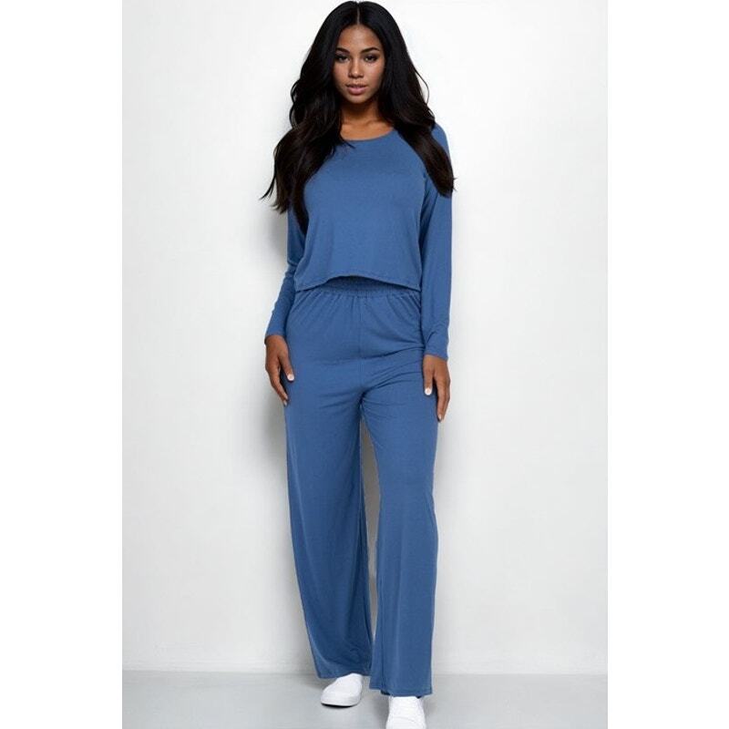 Loose Fit Long Sleeve Top & Pants Set in Blue Size Large