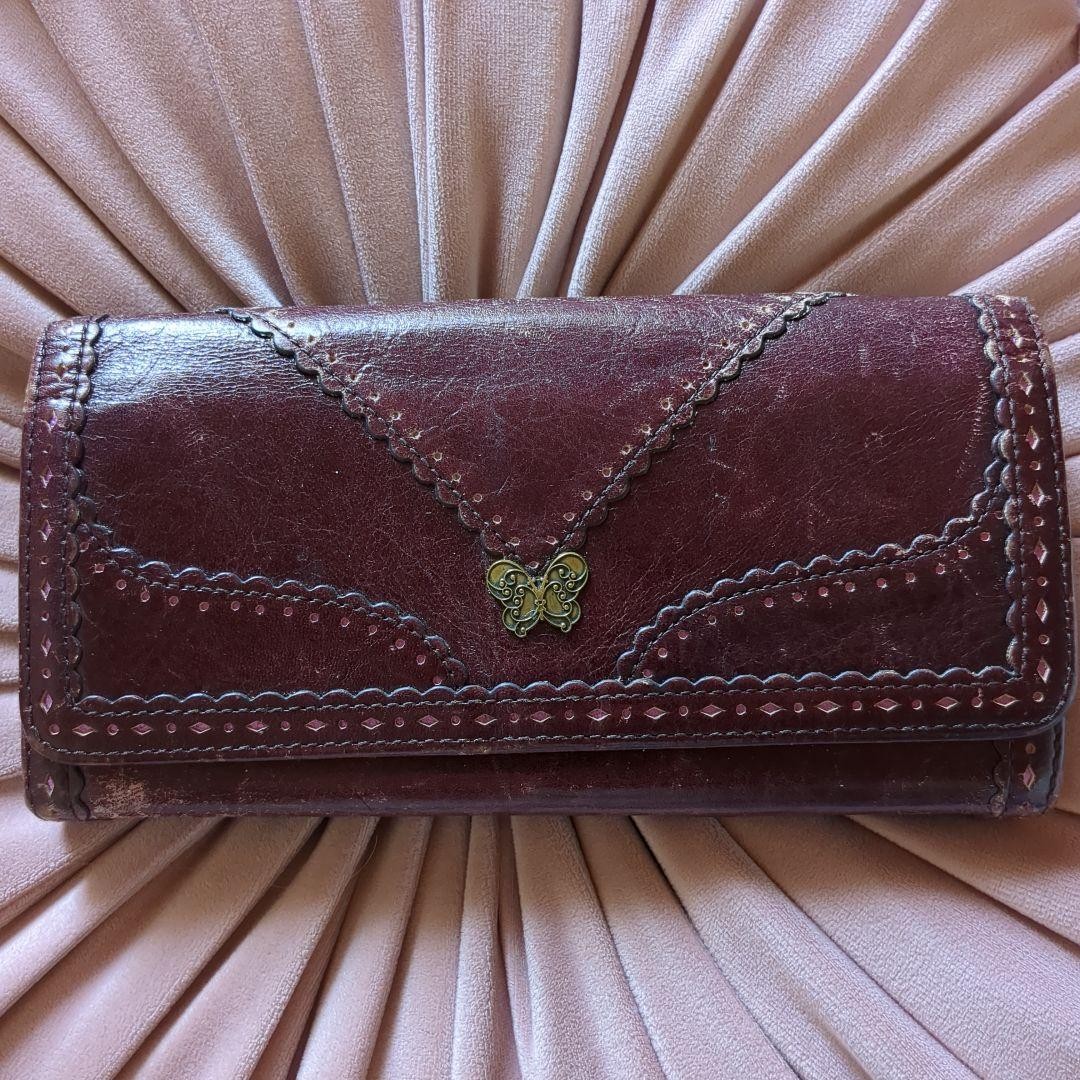 ANNA SUI Butterfly Long Wallet Burgundy Leather Card Case 19cm 7.5in japan