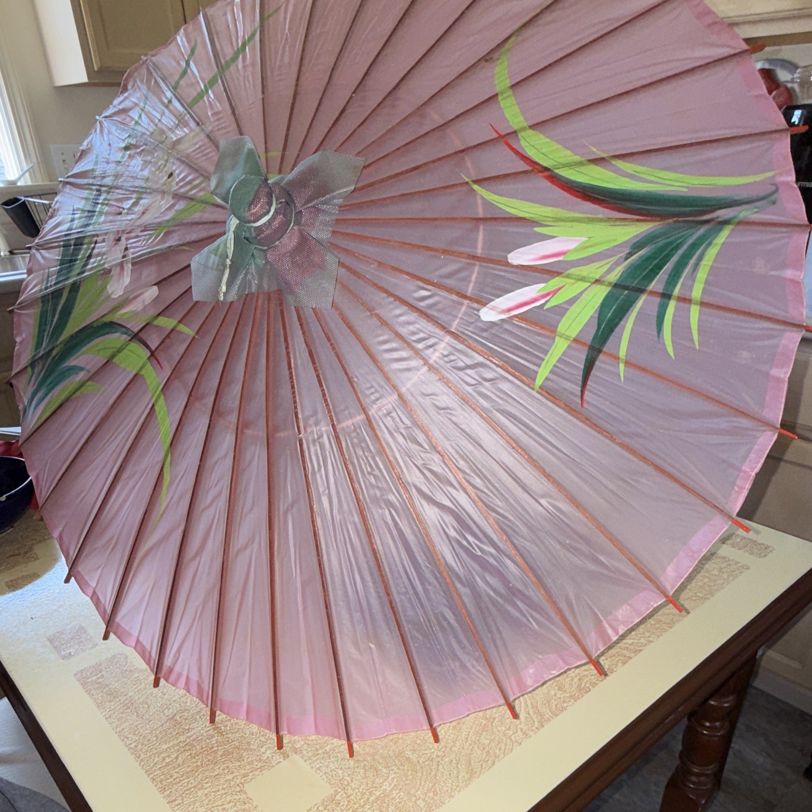 Women’s Pink Green & White Floral Flower Theme Parasol Style Umbrella