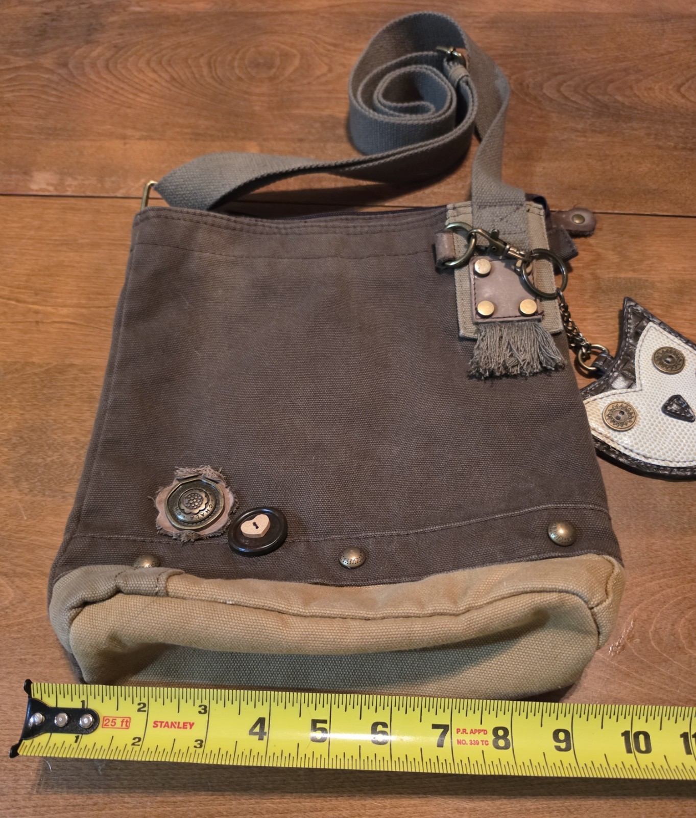CHALA two toned brown canvas crossbody bag with adorable owl change purse