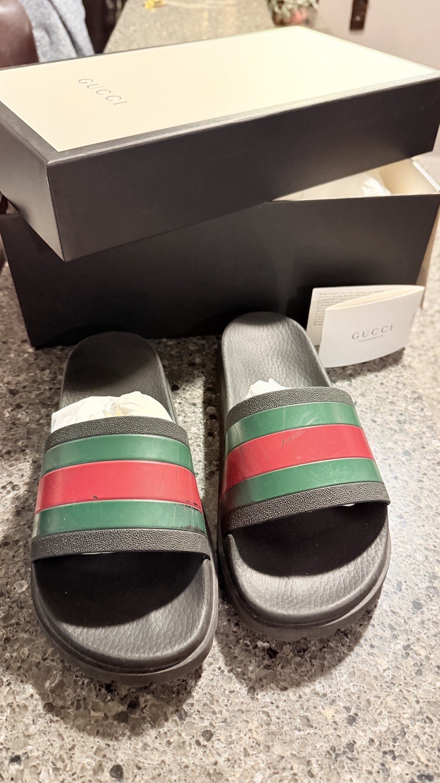 Authentic Gucci Black Rubber Web Slide Sandals Men’s Size 8 With Box & Booklet