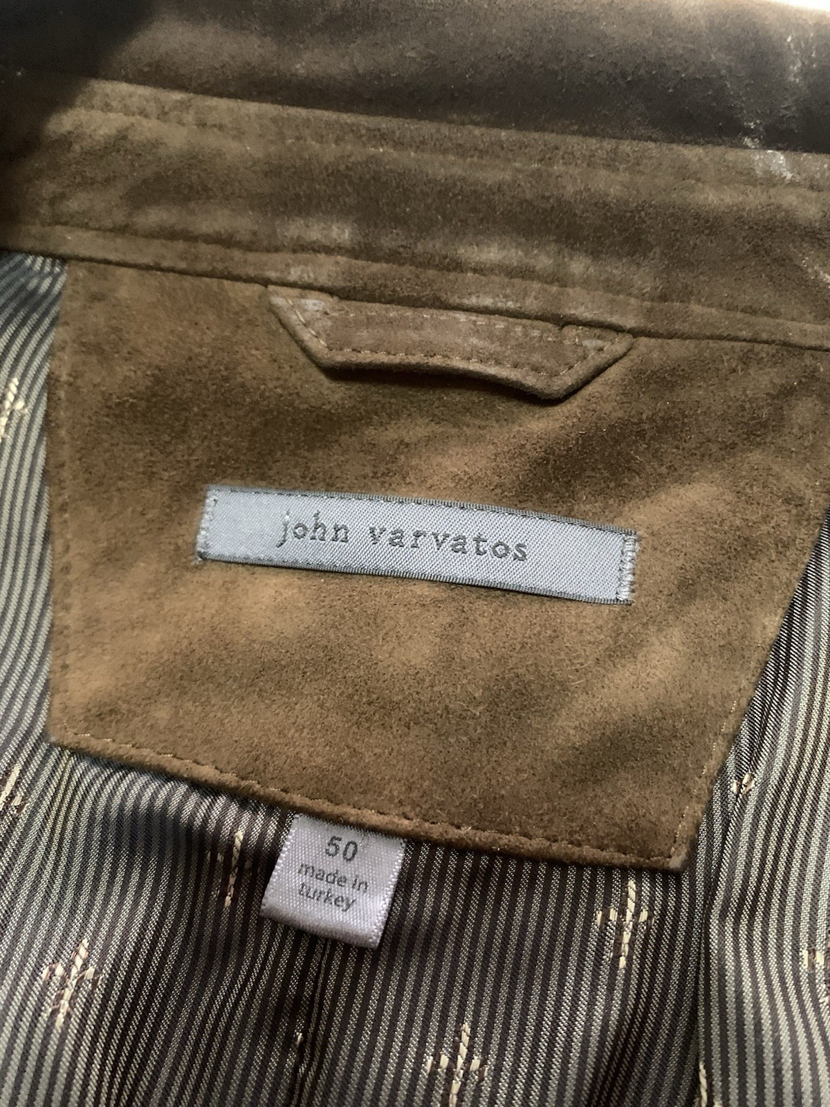 John Varvatos Brown Leather Military Jacket Stand-Up Collar Button Closure 50