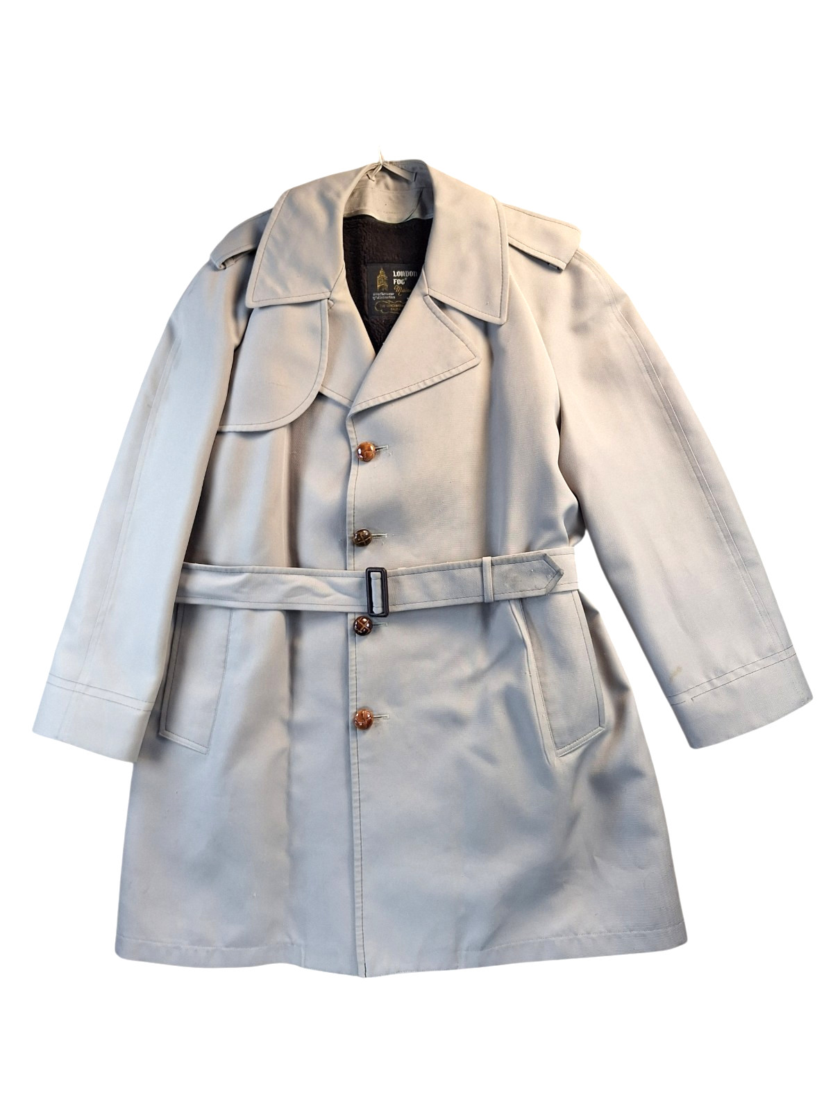 London Fog Maincoats Trench Coat Mens 42R Khaki Zip Out Fuzzy Liner Buttons Belt