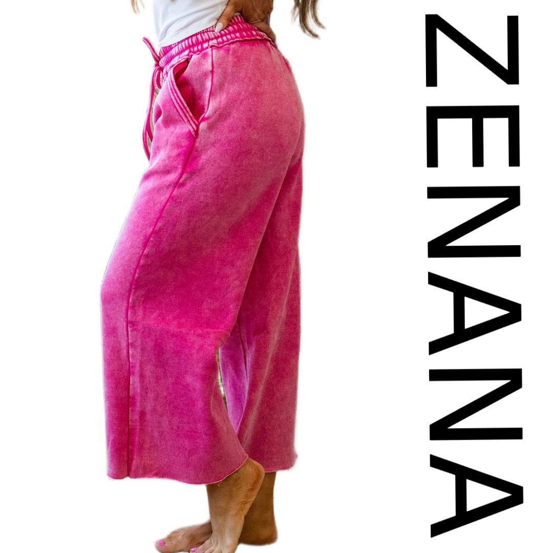 SIZE S-L ZENANA HOT PINK MINERAL WASHED FRENCH TERRY WIDE LEG PANTS/CROP BHCS