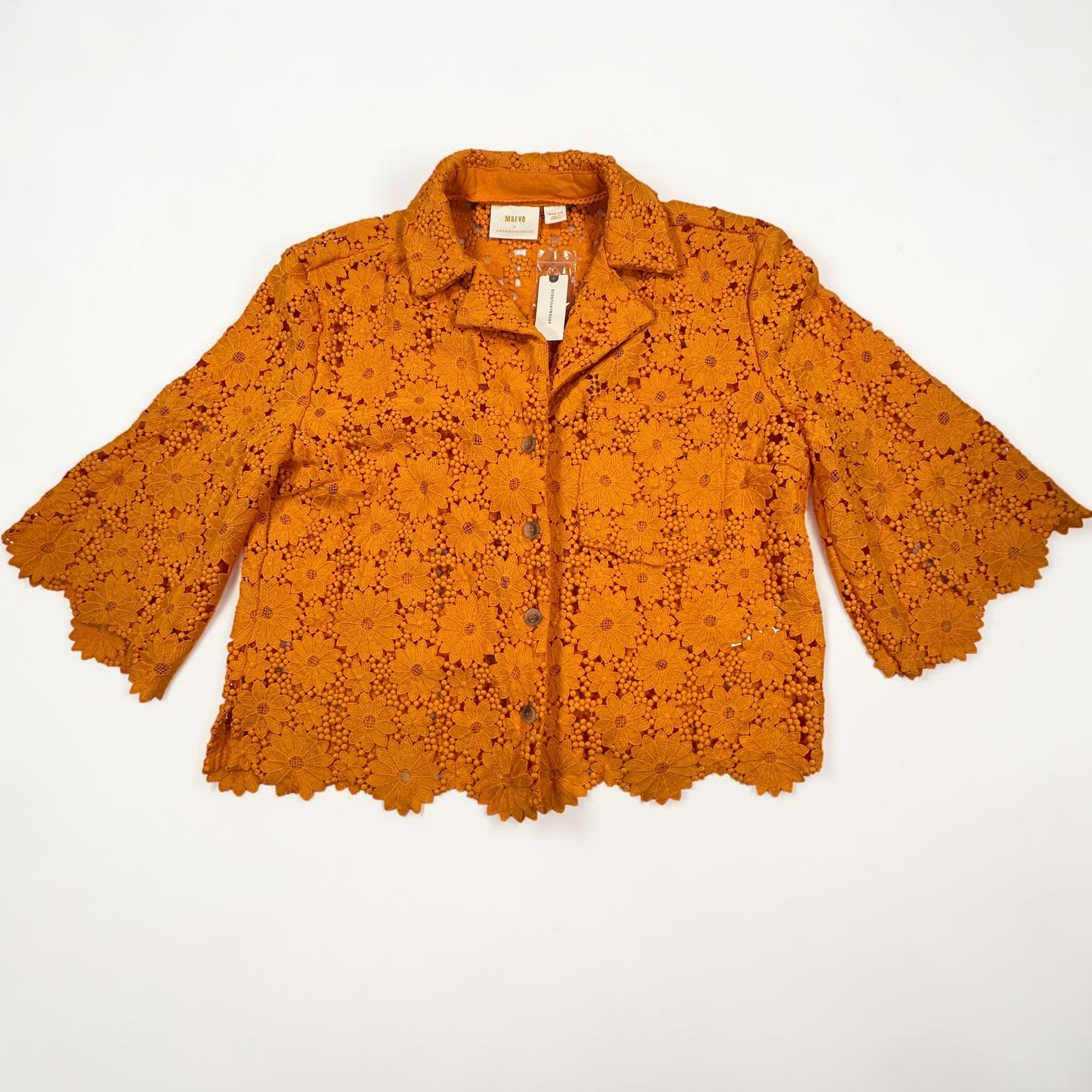 Maeve Anthropologie Lace Half-Sleeve Button Down Shirt Womens M Mango Floral NEW