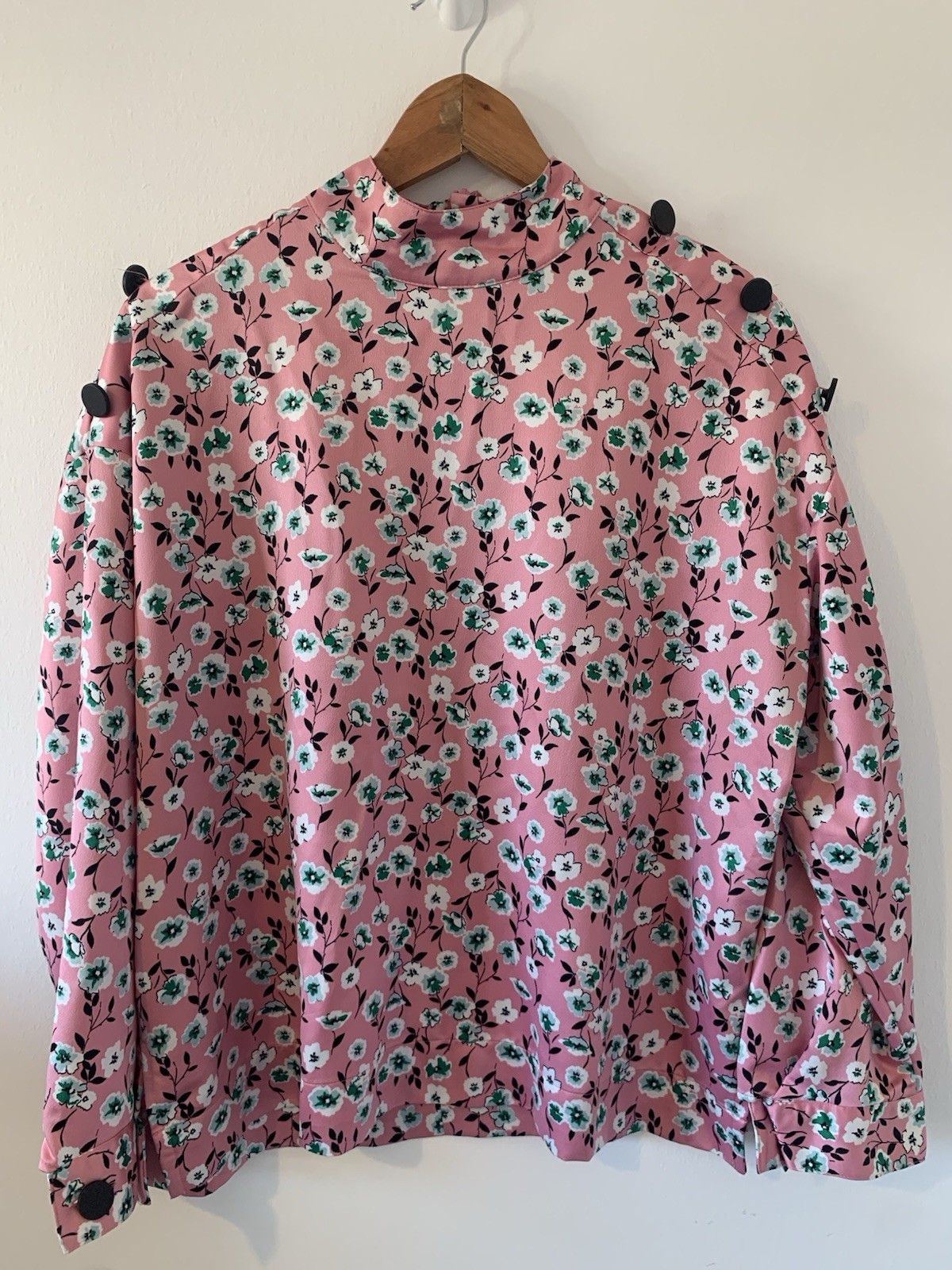 M&S Collection UK 12 Pink Floral Blouse Top Button Detail High Neck Long Sleeve