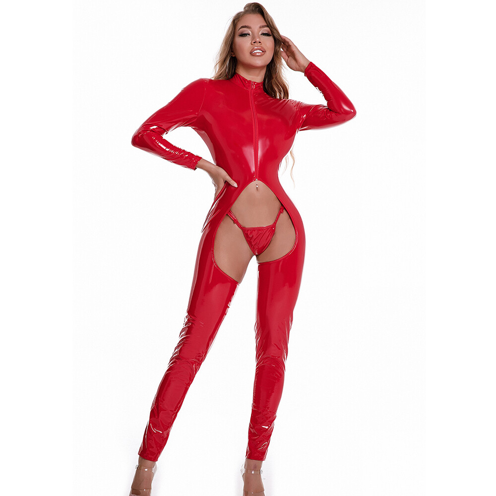 Womens PVC Leather Shiny Wet Look Jumpsuit Crotchless Bodysuit Catsuit w/ T-back