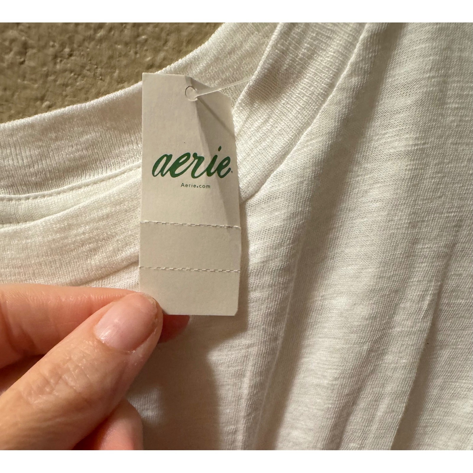 Aerie White Smocked Short Sleeve Top Slub Knit Ruffle Hem L NEW