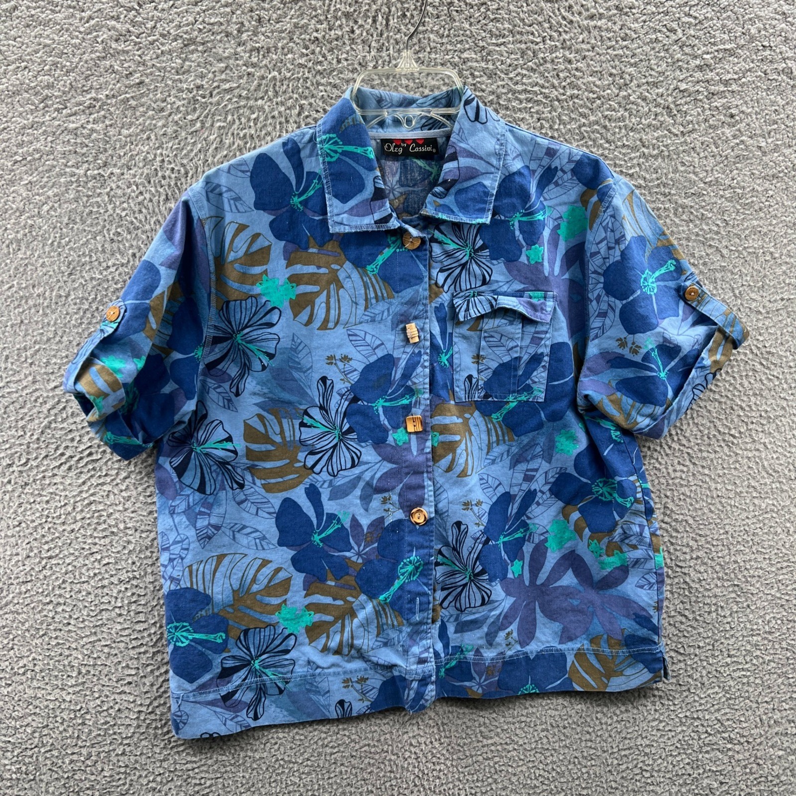 Oleg Cassini Womens Linen Blend Shirt L Tropical Floral Resort Coastal Vacation