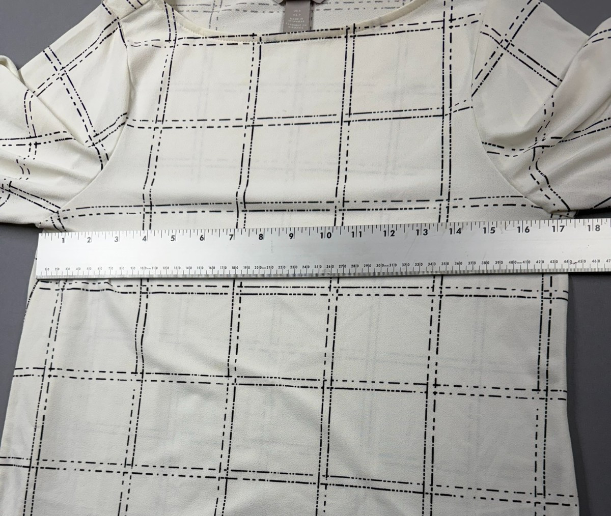 H&M Womens Small Blouse White Black Grid Check 3/4 Sleeve Minimalist Top