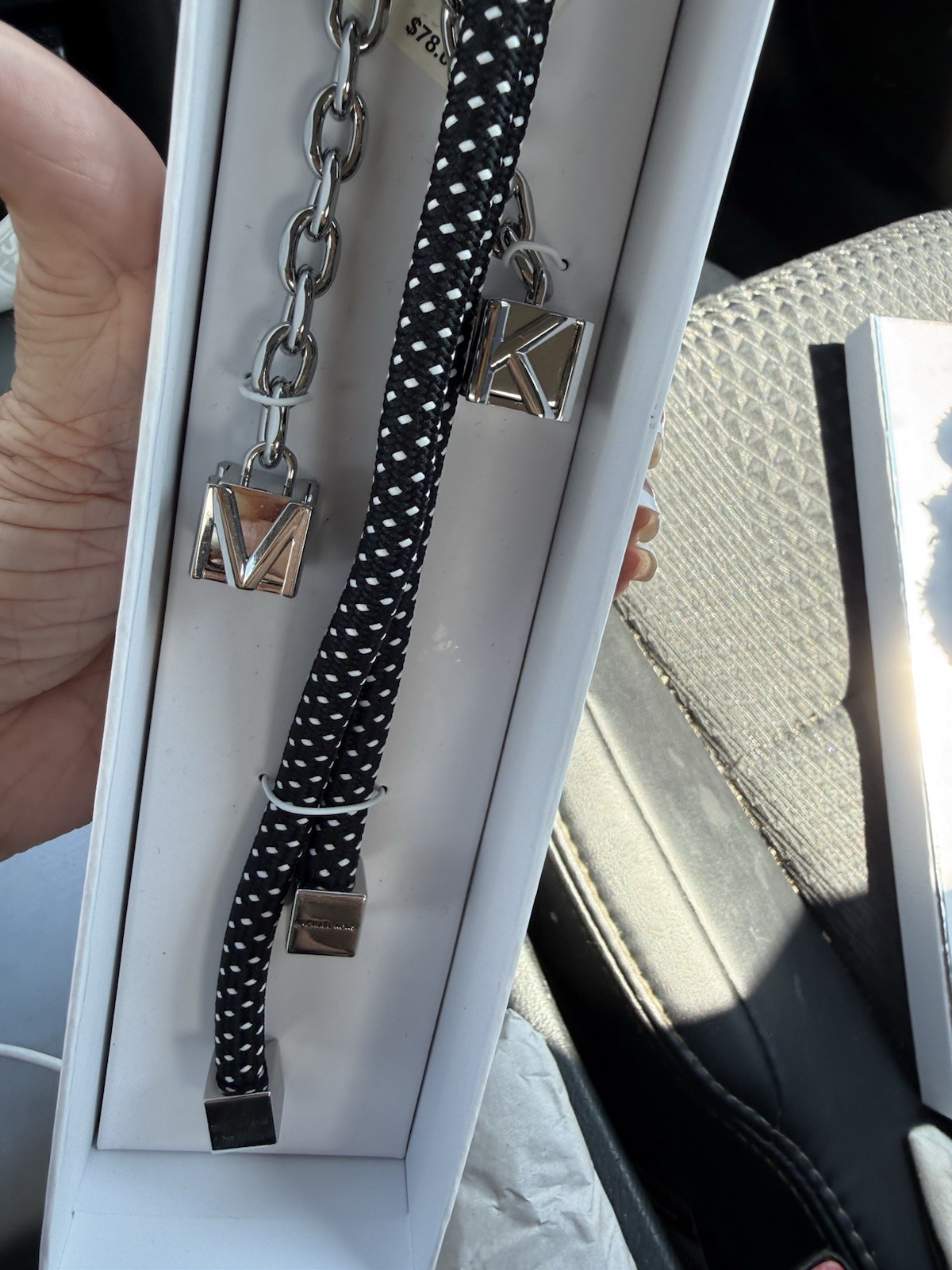 Michael Kors Black Woven Key Chain Keyring MK Logo Charm Silver Metal Accents