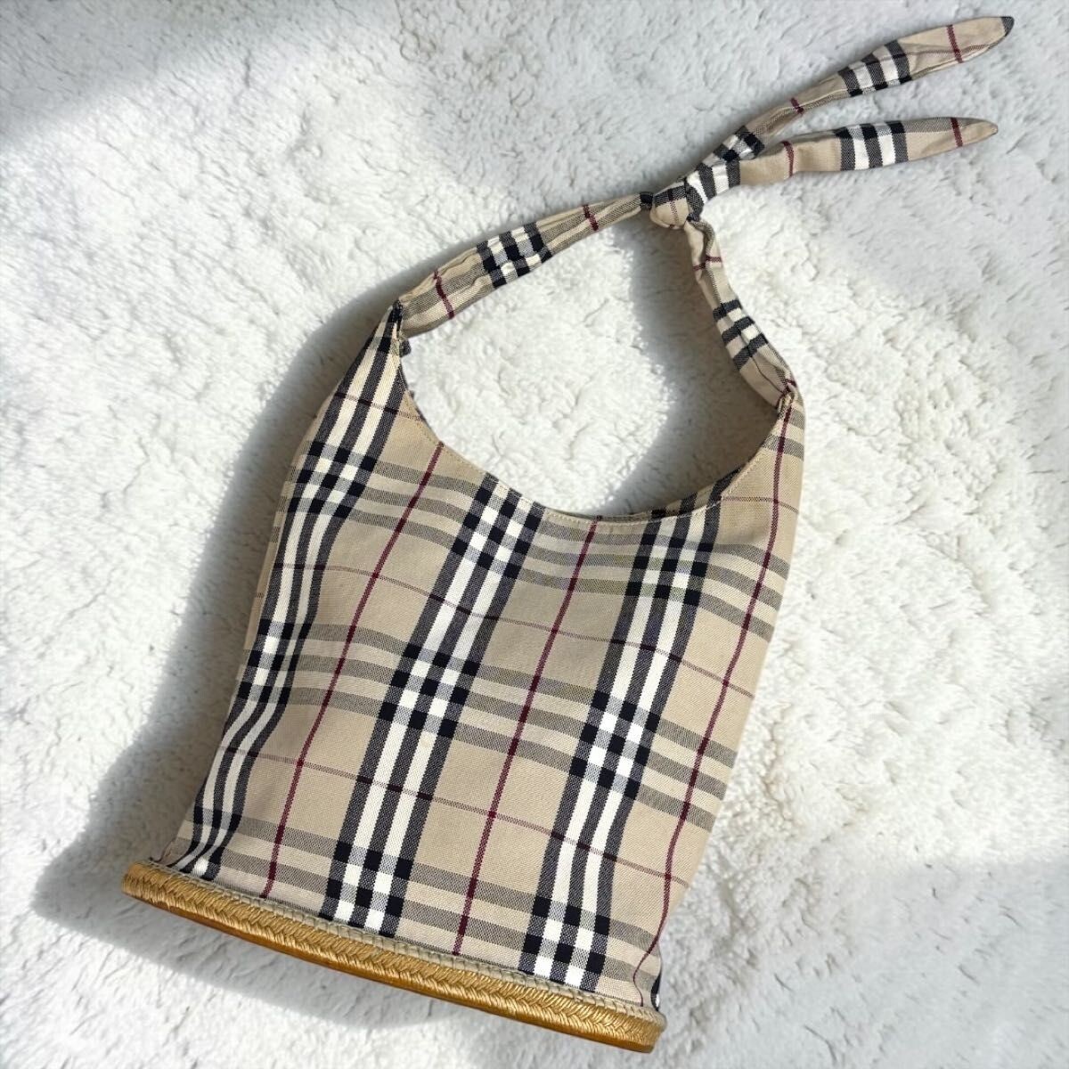 Burberry Nova Check Canvas Shoulder Bag Beige Vintage Women Magnetic 11.81in