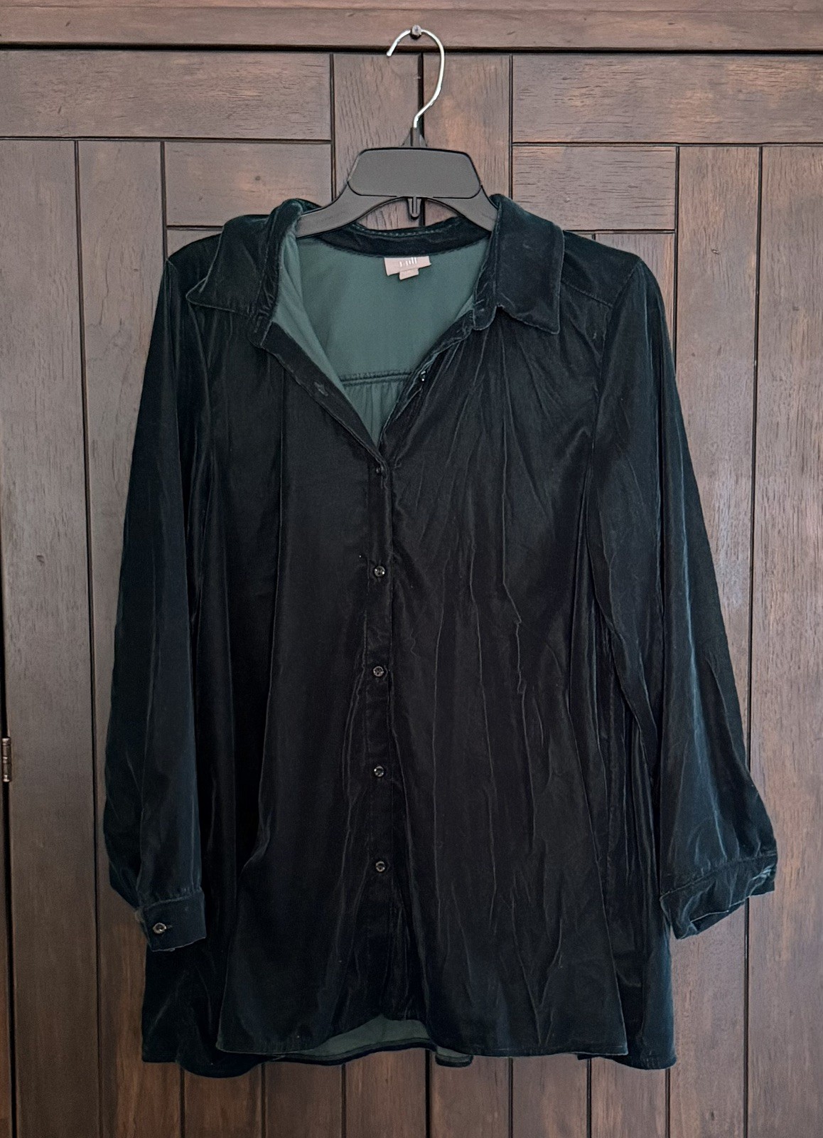 J. Jill Petite Dark Green Velvet Button-Up Collared Blouse M Long Sleeve