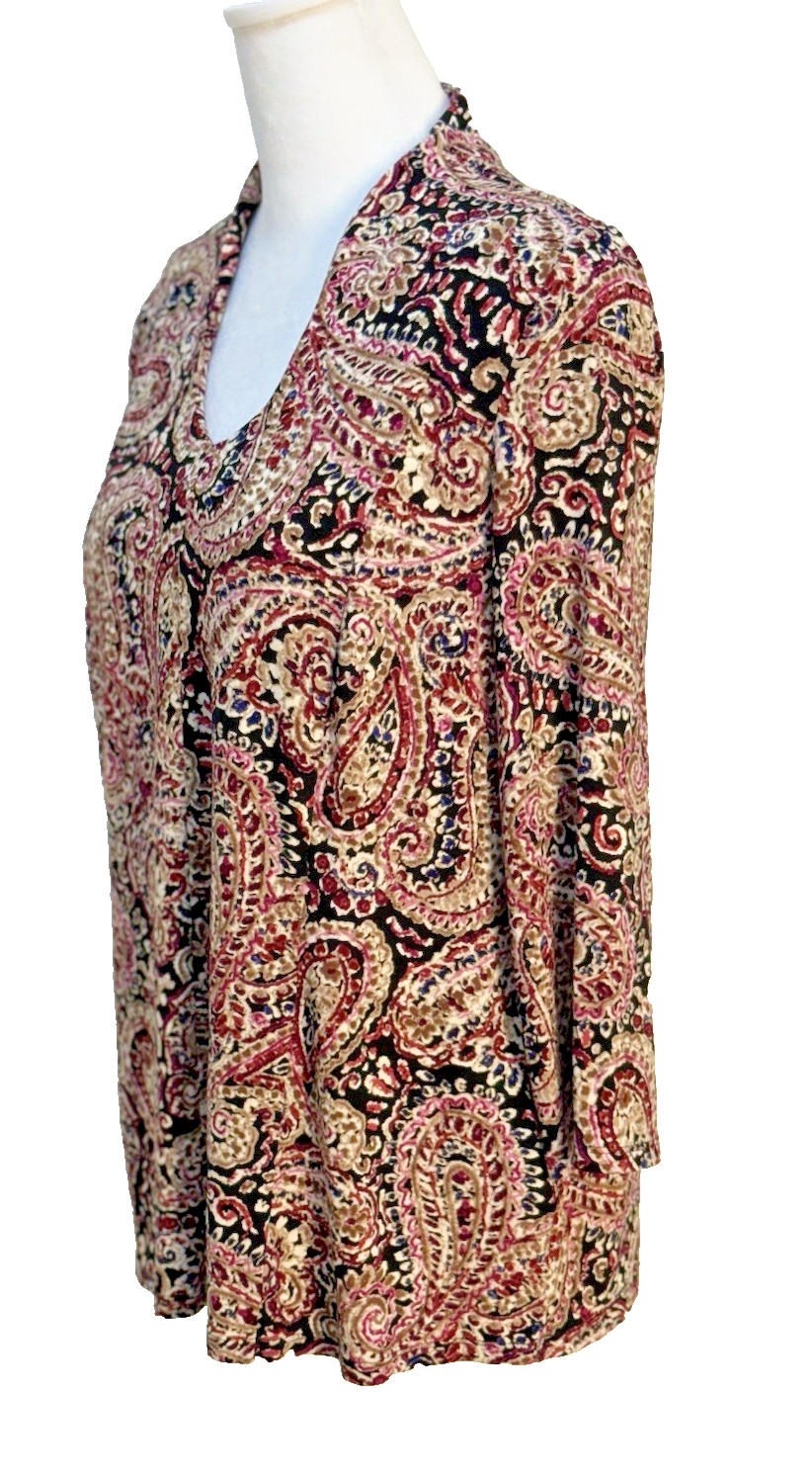 J. Jill Wearever Paisley Top S Black Burgundy Pink V-Neck 3/4 Sleeve Stretch
