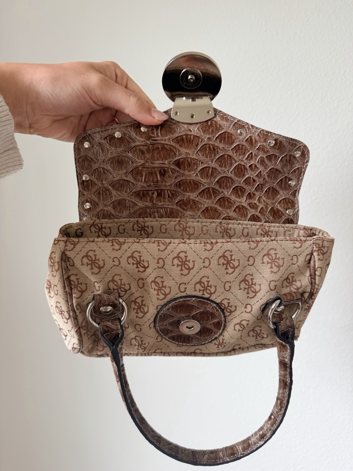 GUESS Monogram Satchel Top Handle Bag Beige/Brown Turn Lock Zip Silver Small