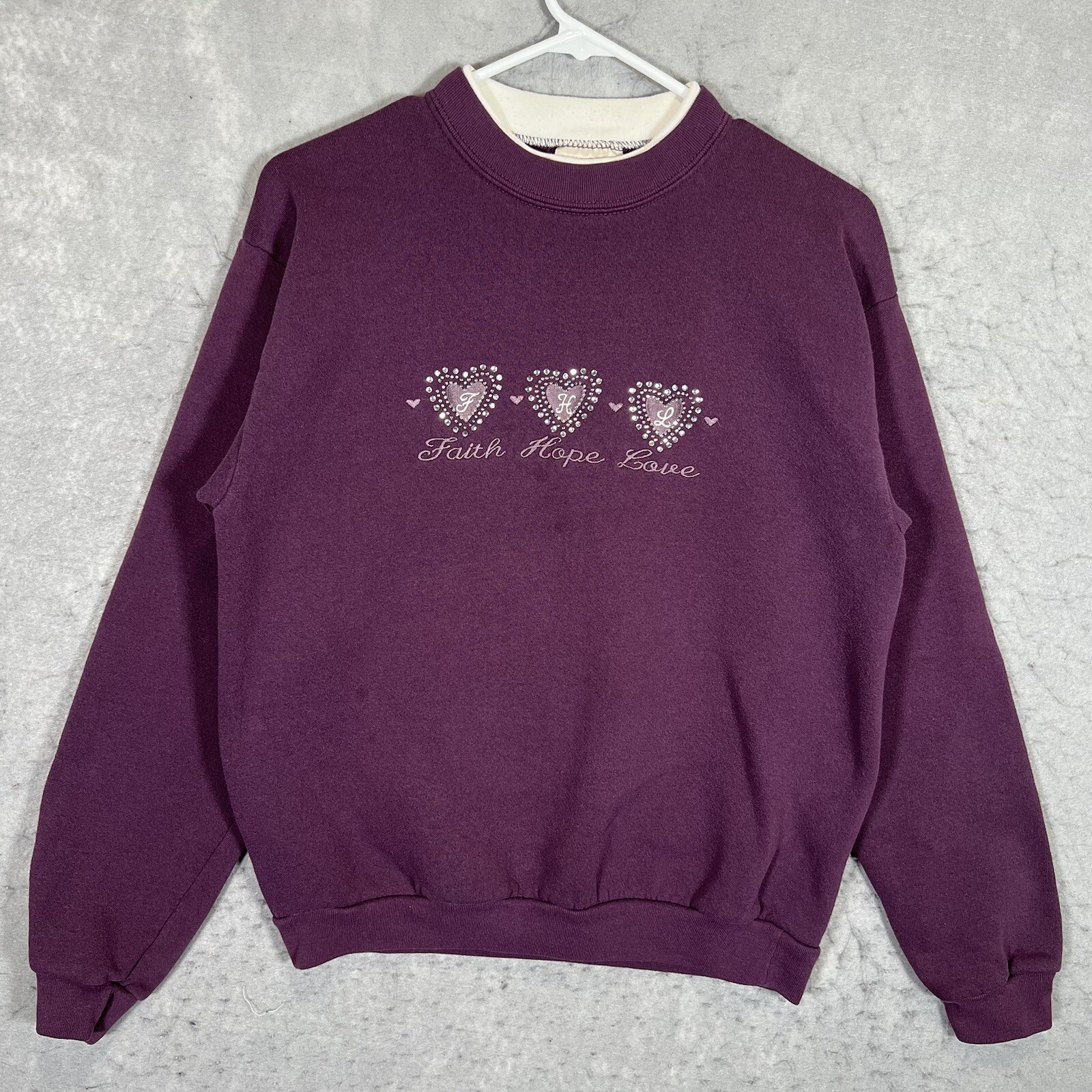 A1 Vintage 90s Decorated Originals Faith Hope Love Sweater Womens Medium Purple