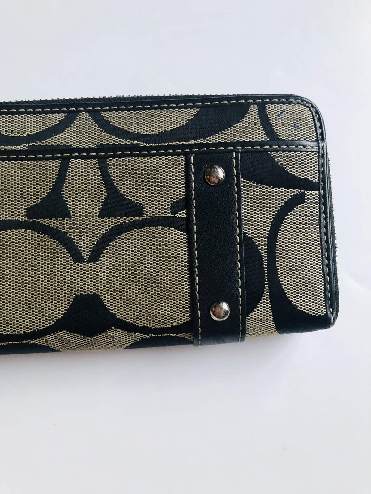 Coach Brown Signature Jacquard Buckle Belt Embellish Accordion Zip Wallet