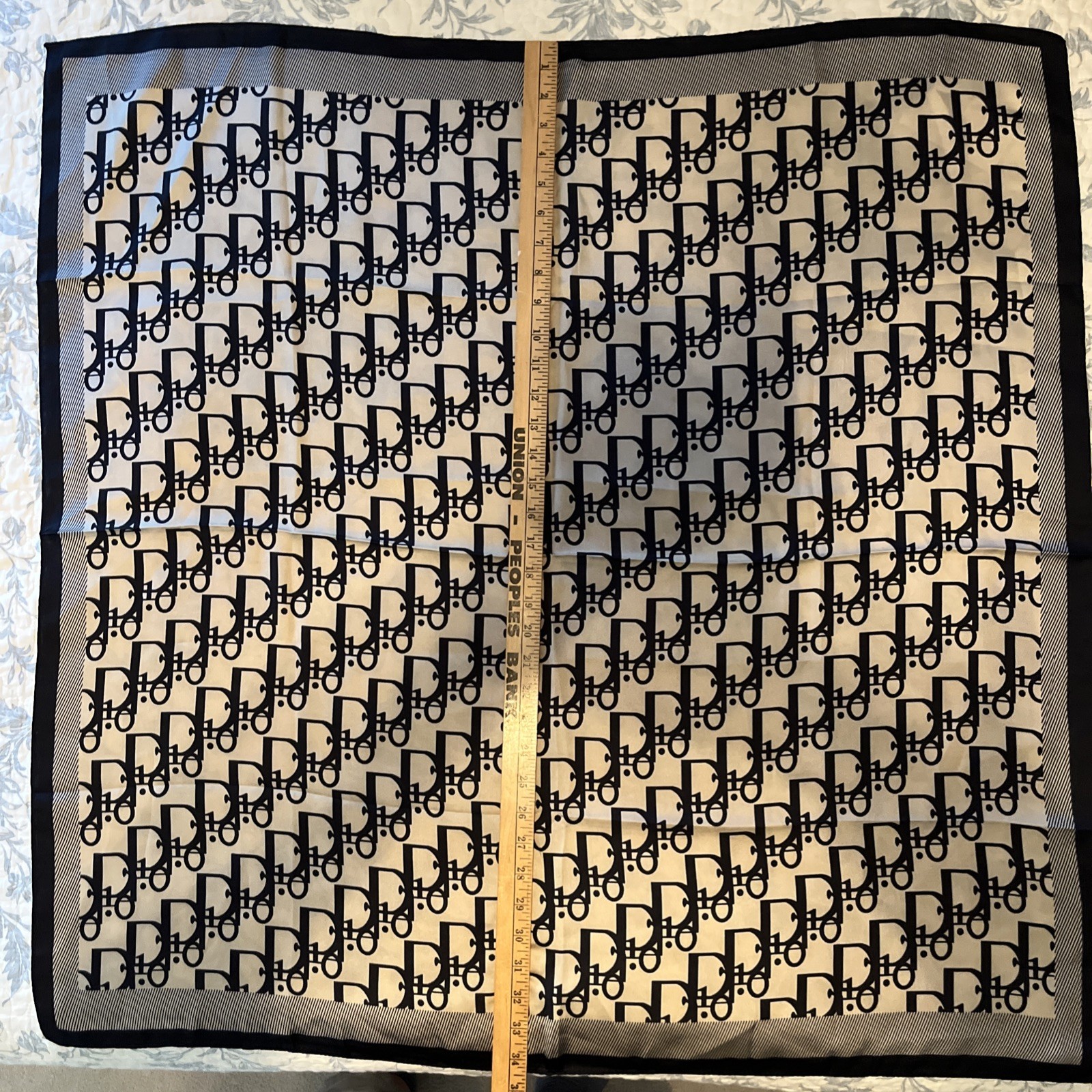 Beige Navy Square Women’s Scarf Geometric Pattern, Beige Navy Designer Inspired