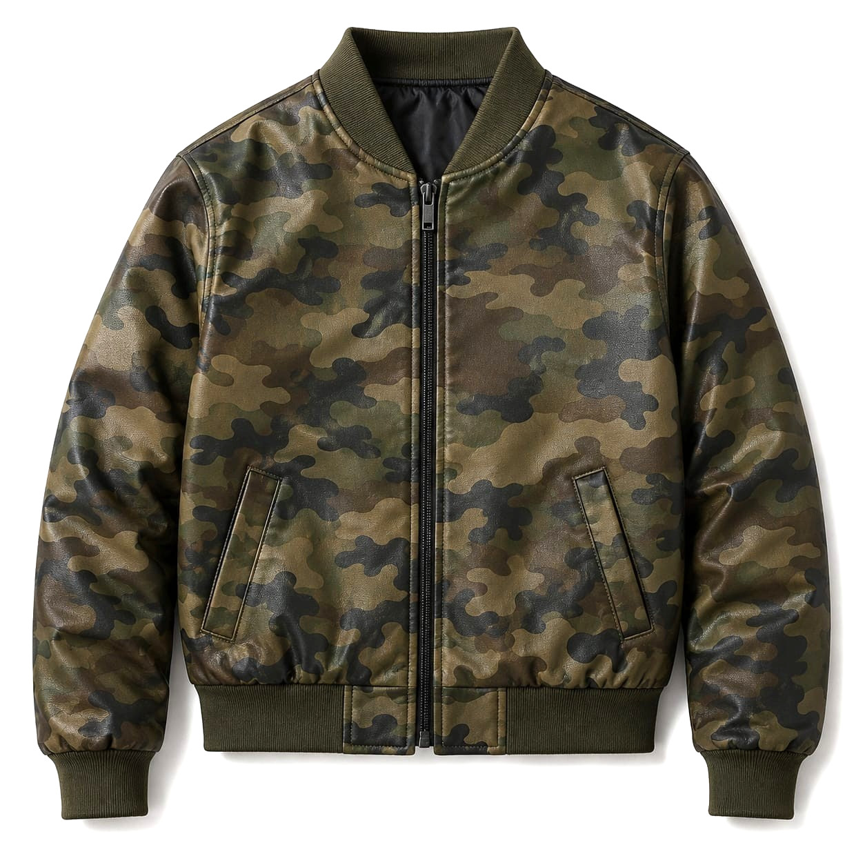 Men’s Camouflage Print Leather Bomber Jacket | Military Camo Zip-Up Jacket