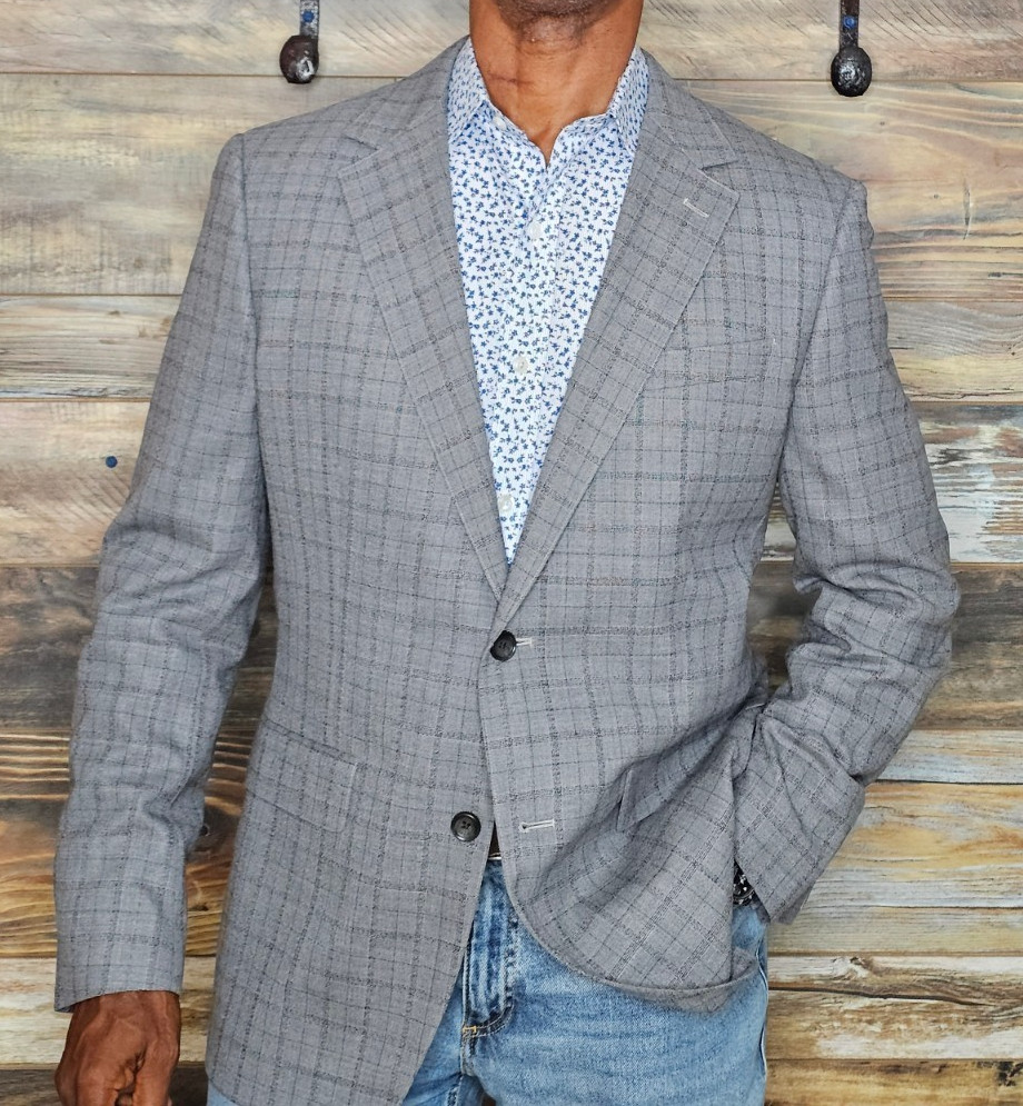 Bonobos Slim Fit Wool Blend Dual Vent Stitched Lapel Gray Windowpane Blazer 42R