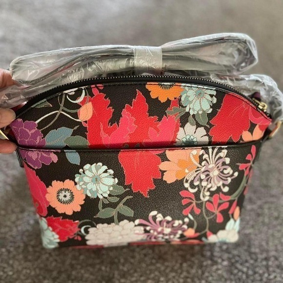 Trina Turk Floral Dome Crossbody Bag Black Multi Color Faux Leather NWT