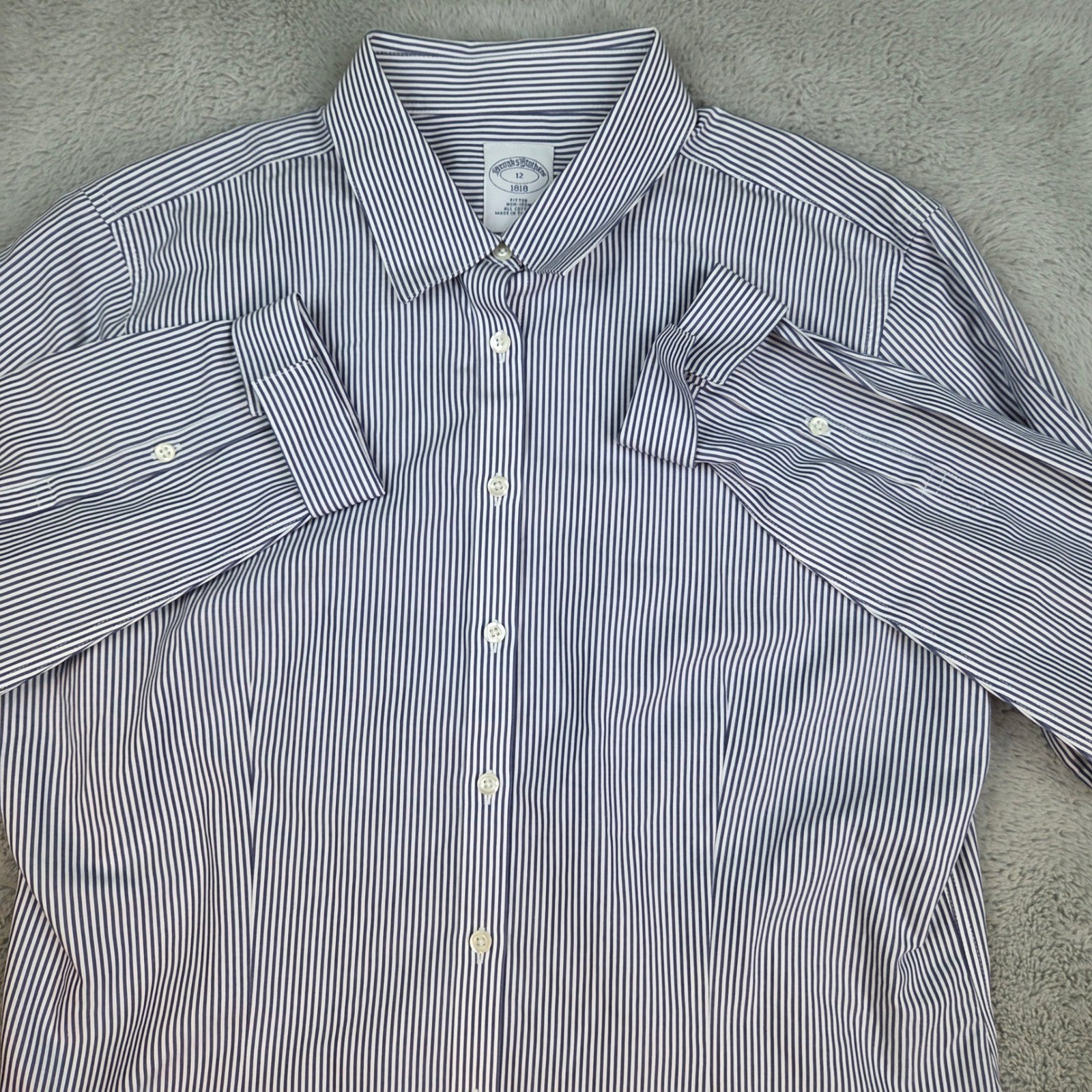 Brooks Brothers Button Down Womens 12 Fitted Non-Iron Striped Long Sleeve Blue