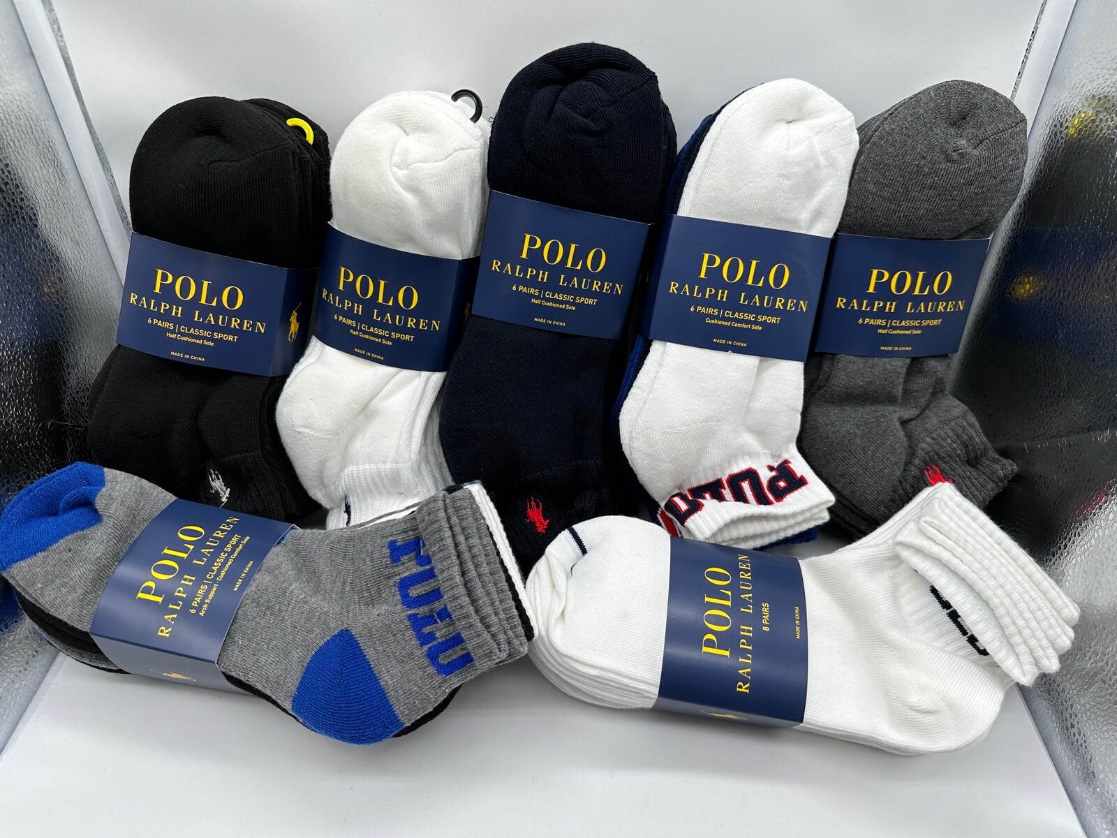 NEW 6 PAIRS MENS POLO RALPH LAUREN ANKLE CUT SOCKS CLASSIC SPORT 10-13 BLK/ WH