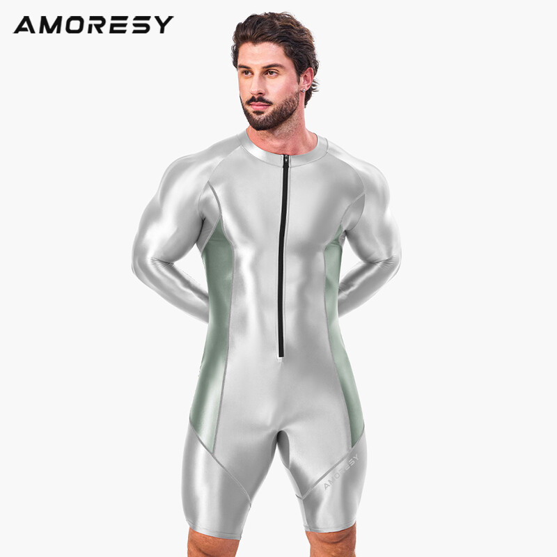 AMORESY Men Glitter Tracksuits Long Sleeve Fitness Overalls Gymnastics Leotards