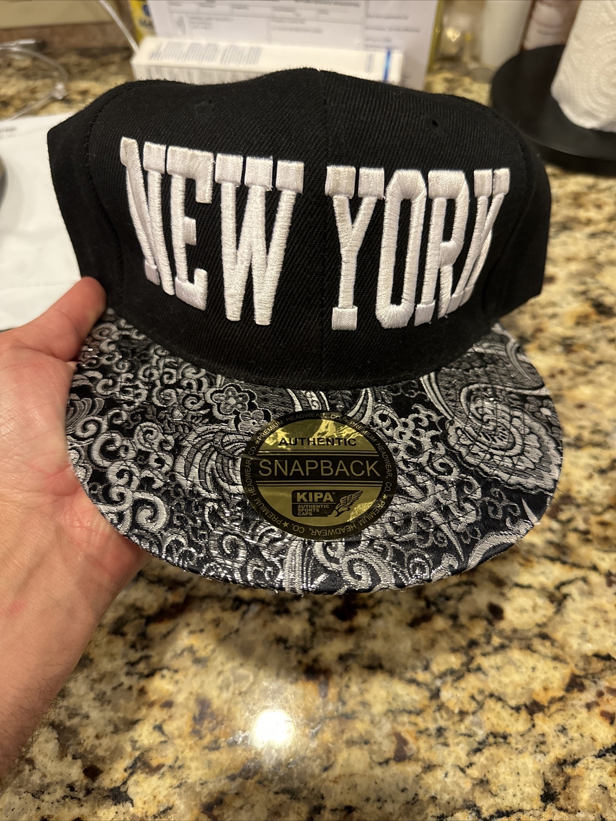 New York Spell Out Hat Premium Headwear KIPA Snapback Black Silver Brim
