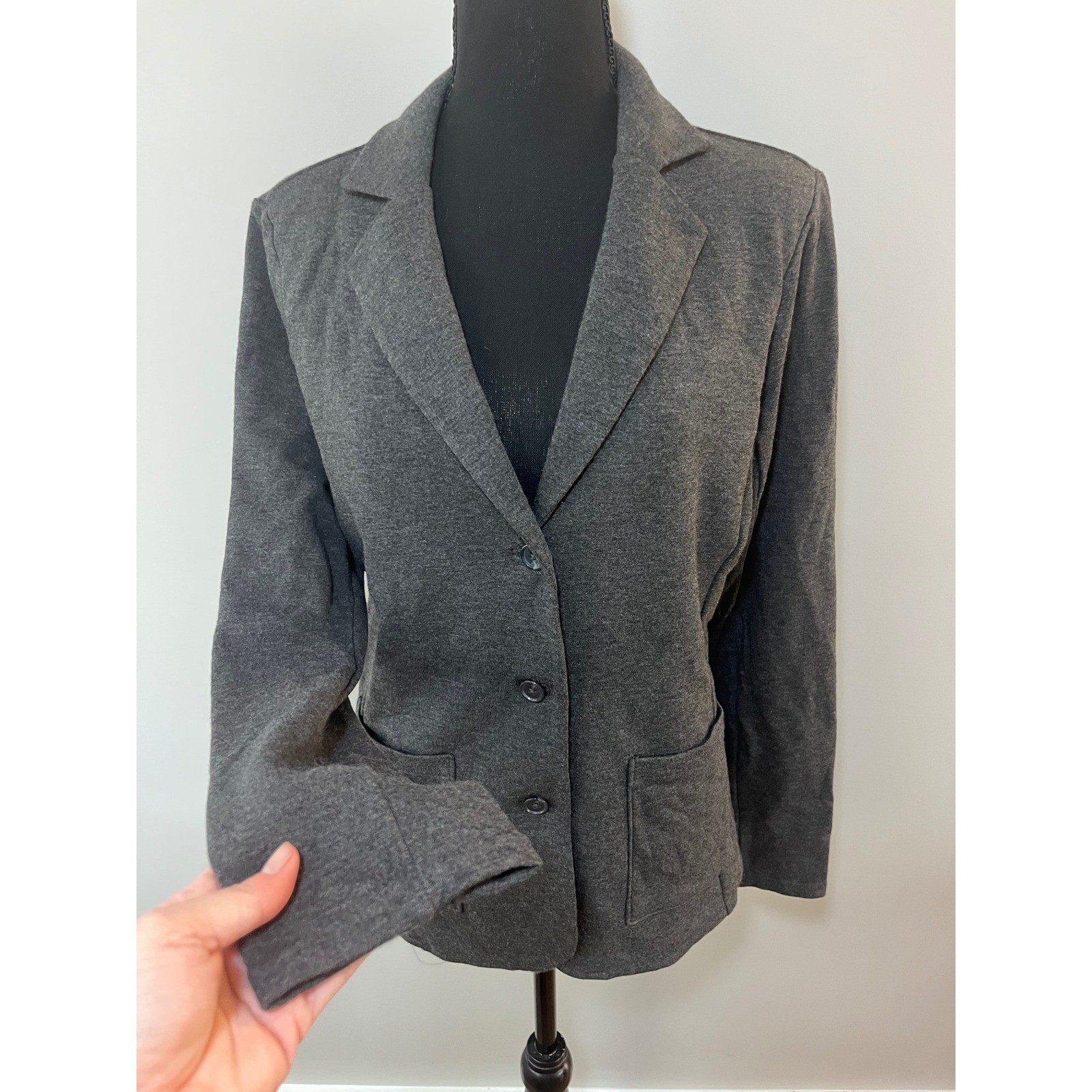 Tahari Knit Blazer Jacket Charcoal Gray Heather 3 Button Pocket Large L NWT