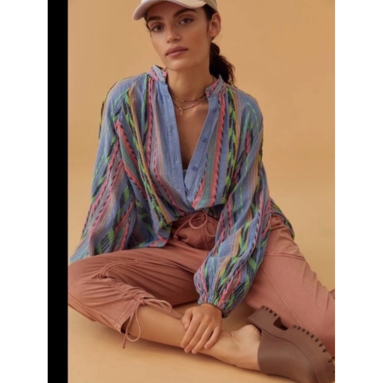 Anthropologie Devotion TWINS Opalios Blue Multicolor Neon Cotton Blouse