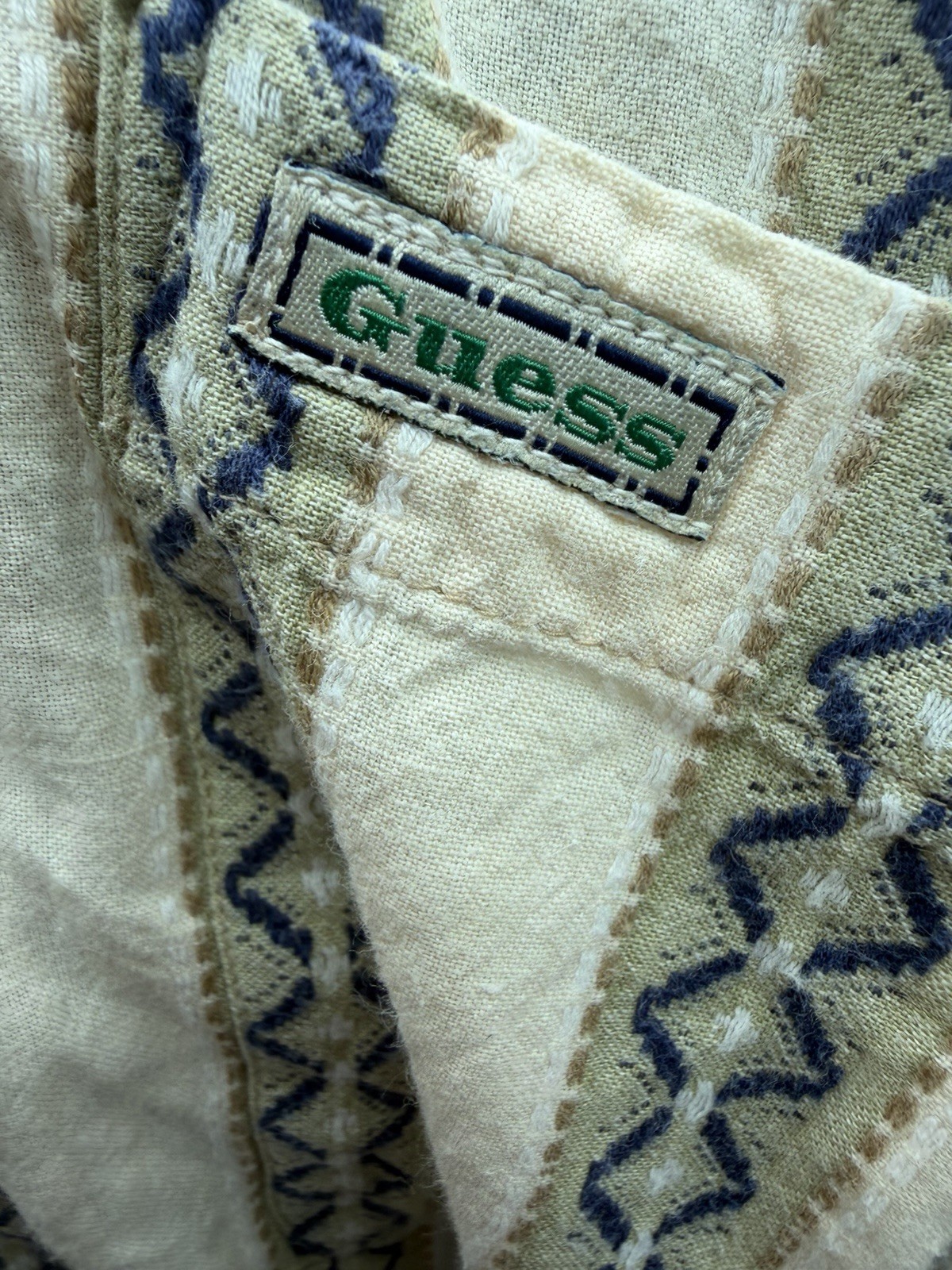 GUESS Jeans Men’s L Beige/Blue Striped Button-Up Long Sleeve Pocket Shirt