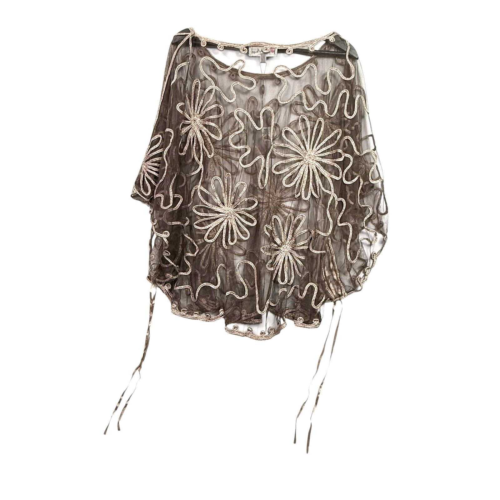 Pretty Angel Brown Sheer Layering Top Floral Applique Silk Blend One Size NWT