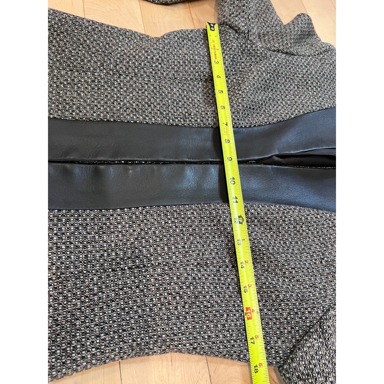 PENTA 100% Wool Tweed Jacket Women’s 6 Genuine Leather Trim Open Front Blazer