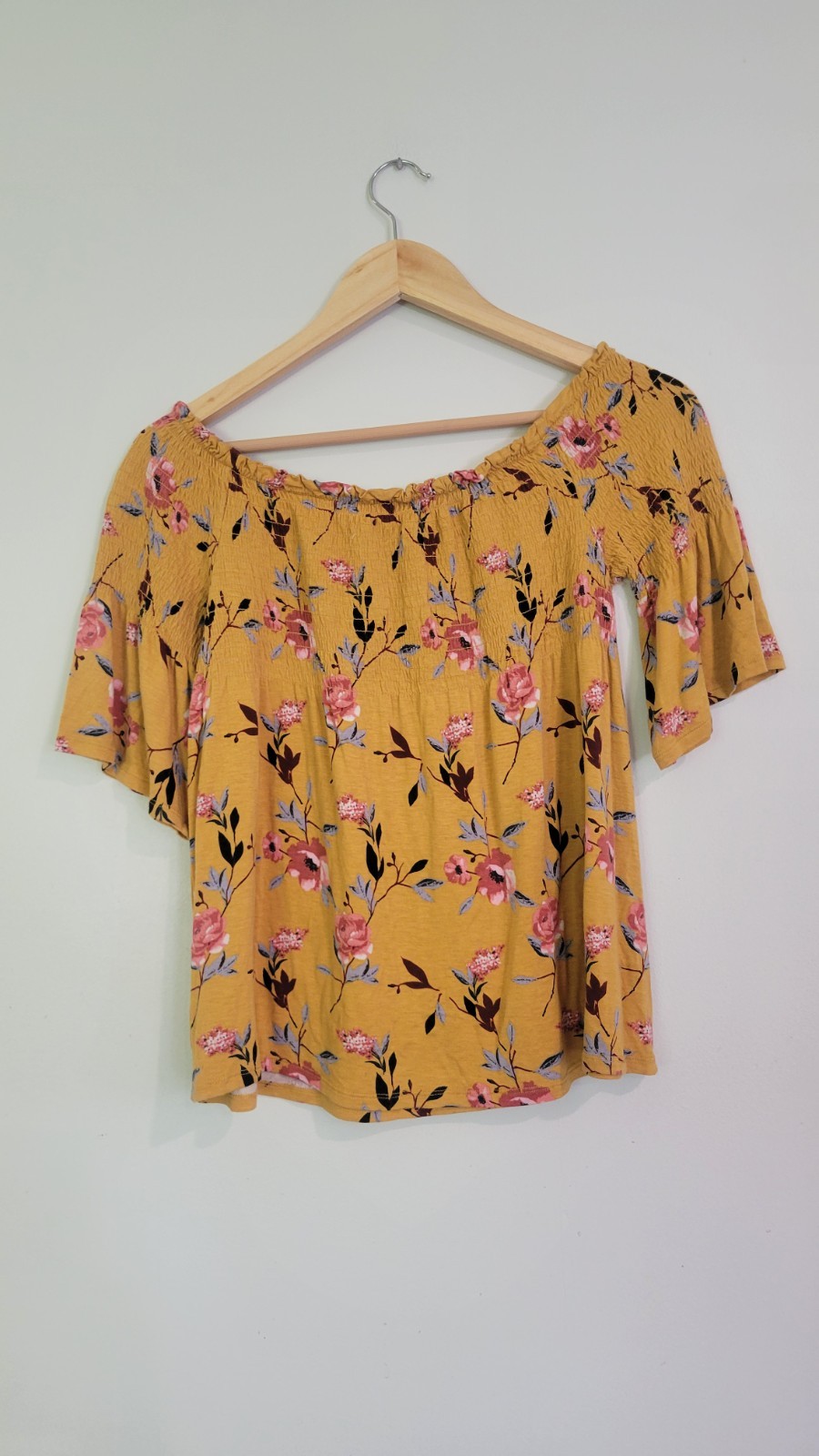 Rewind Yellow Pink Floral Off-Shoulder Smocked 3/4 Bell Sleeve Blouse S