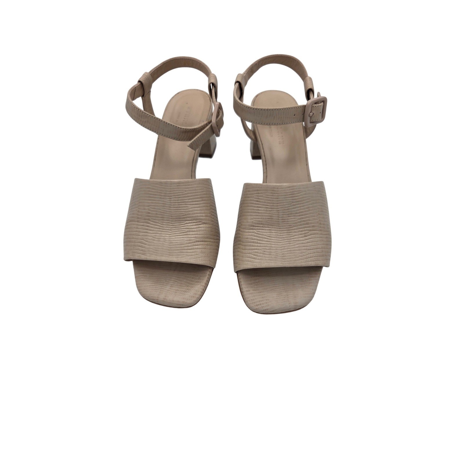 Everlane Lizard Embossed Leather Block Heel Sandals Beige Ankle Strap Made Italy