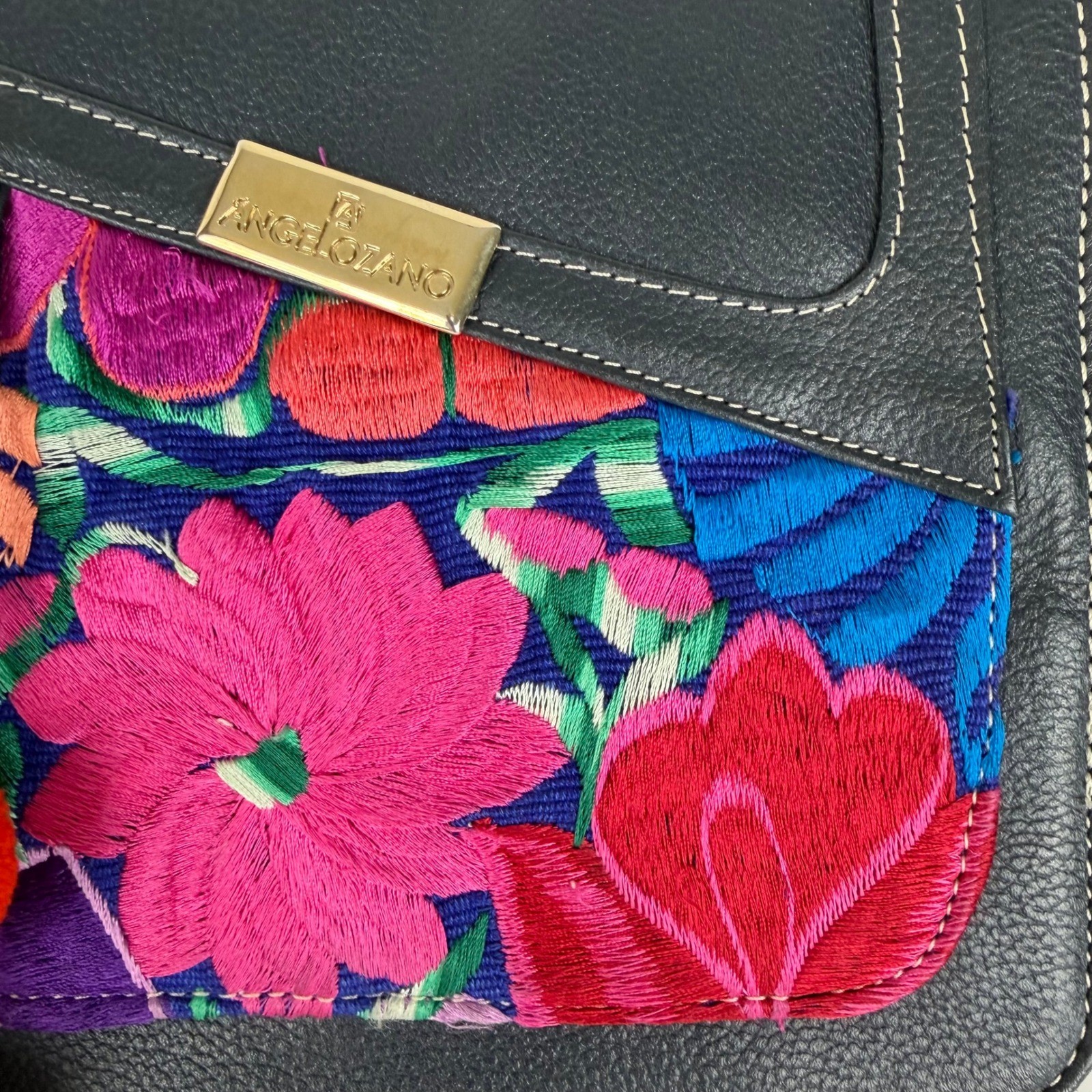 Angelozano Mexican Leather Crossbody Bag Floral Embroidered Tassel Black Boho