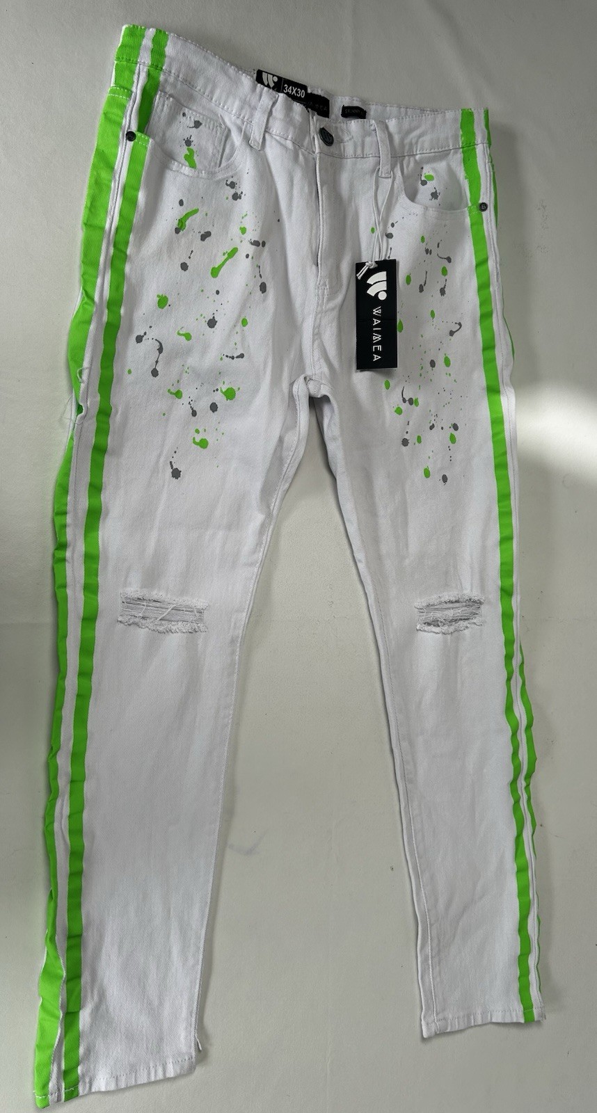 NWT WAIMEA Jeans Men’s Skinny Fit White Distressed Paint Splatter 34×30