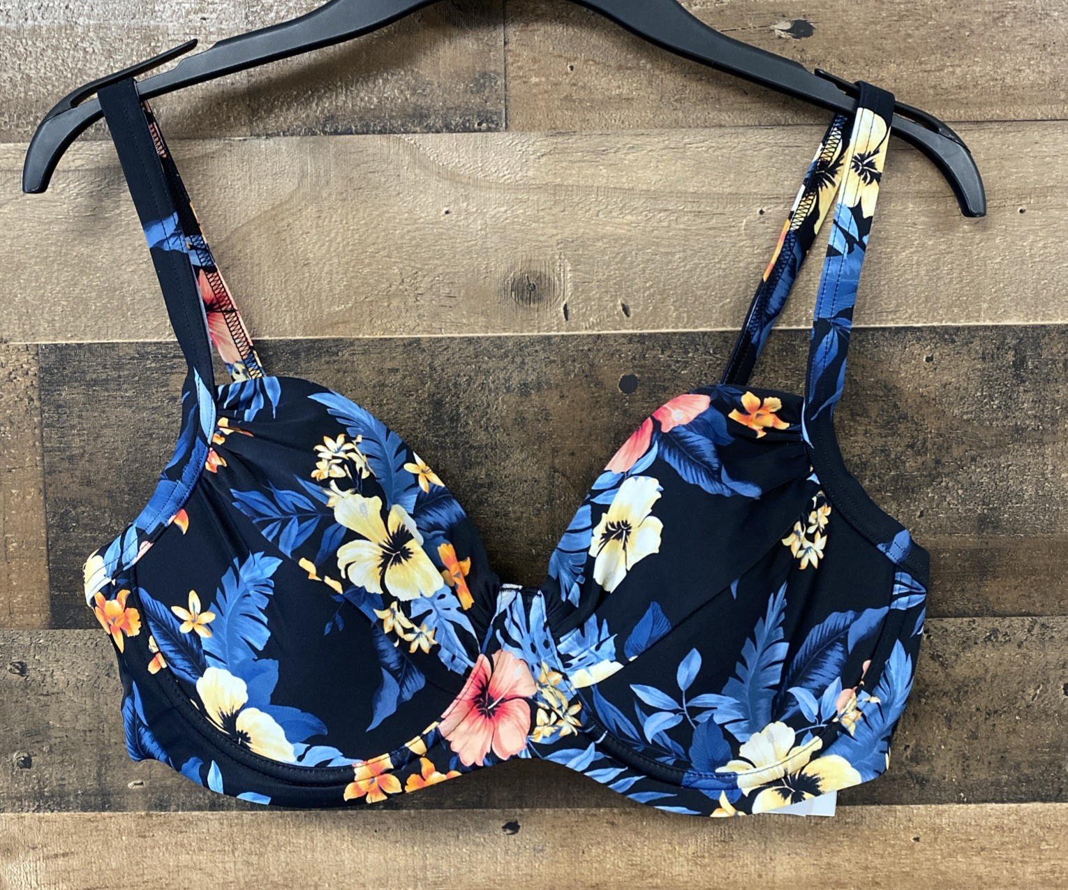 Lands’ End Women’s Retro Underwire Bikini Top – Black Floral SPF-50 Size 10